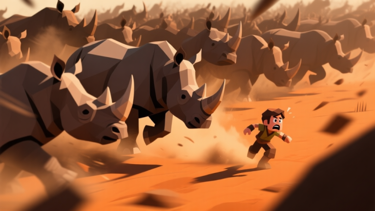 自动生成图片: Dynamic game screenshot style of a chaotic stampede scene, dozens of low-poly rhino silhouettes charging from left to right, a small player character in the foreground looking overwhelmed, with motion blur and dust effects, color palette of earthy browns and intense oranges high quality illustration, detailed, 16:9