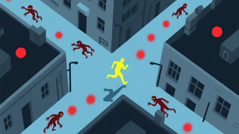 自动生成图片: A top-down minimalist view of a dark urban map with one bright human figure running through alleyways, multiple red zombie dots closing in from different paths, soft blue and grey color scheme, flat design style high quality illustration, detailed, 16:9