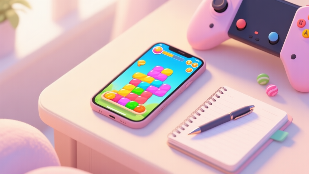 A cozy gaming setup with a smartphone showing a bright, colorful candy puzzle game on screen, soft natural lighting, notebook and pen beside it for taking notes, pastel color palette high quality illustration, detailed, 16:9