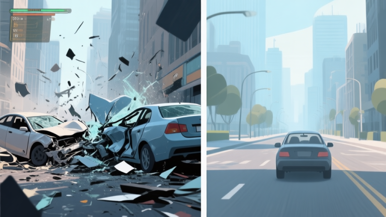 自动生成图片: Split-screen illustration showing a chaotic car crash in a video game city on one side, and a smooth, realistic drive through a detailed urban landscape on the other, using a soft color palette with muted blues and grays high quality illustration, detailed, 16:9