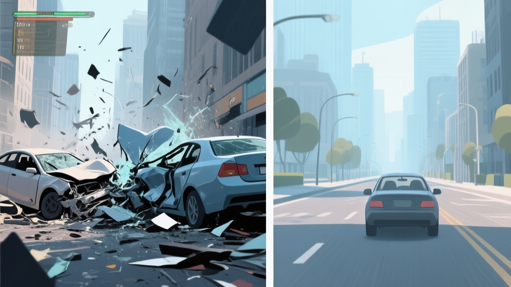 Split-screen illustration showing a chaotic car crash in a video game city on one side, and a smooth, realistic drive through a detailed urban landscape on the other, using a soft color palette with muted blues and grays high quality illustration, detailed, 16:9
