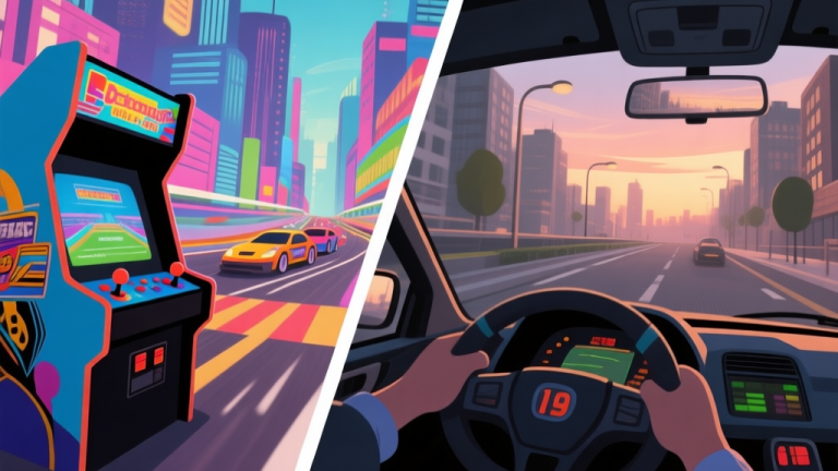 自动生成图片: Split-screen illustration contrasting an arcade-style colorful city race with a realistic, detailed urban driving simulator at dusk, soft lighting, muted colors high quality illustration, detailed, 16:9