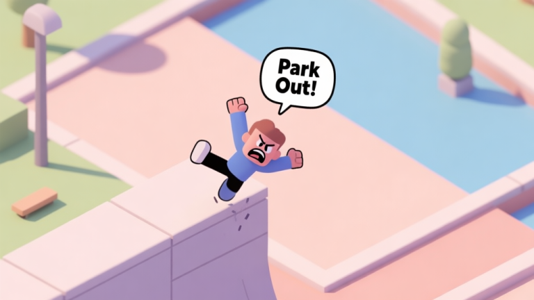 自动生成图片: A frustrated game character in a simple, stylized parkour course, falling off a ledge, with a comical "Park Out!" text bubble. Soft pastel colors, clean lines, isometric view. high quality illustration, detailed, 16:9