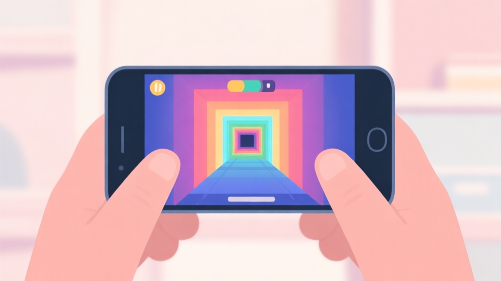 A minimalist illustration of a smartphone held in hands, showing a vibrant tunnel game on screen, with soft focus on the device and a calm, organized background, pastel color scheme high quality illustration, detailed, 16:9
