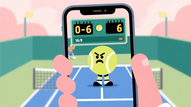 自动生成图片: A frustrated tennis game character on a smartphone screen, with a scoreboard showing 0-6, in a flat cartoon style with soft pastel colors high quality illustration, detailed, 16:9