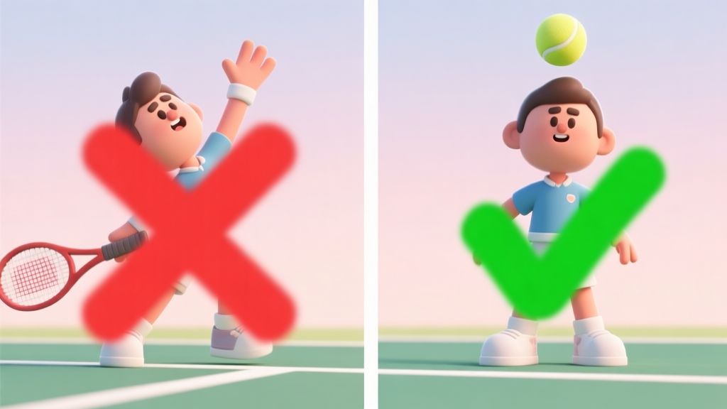 A side-by-side comparison of a tennis game character in two positions. Left: character reaching awkwardly, off-balance, with a red "X" overlay. Right: character positioned perfectly under the ball, feet set, with a green "checkmark" overlay. Soft pastel background. high quality illustration, detailed, 16:9