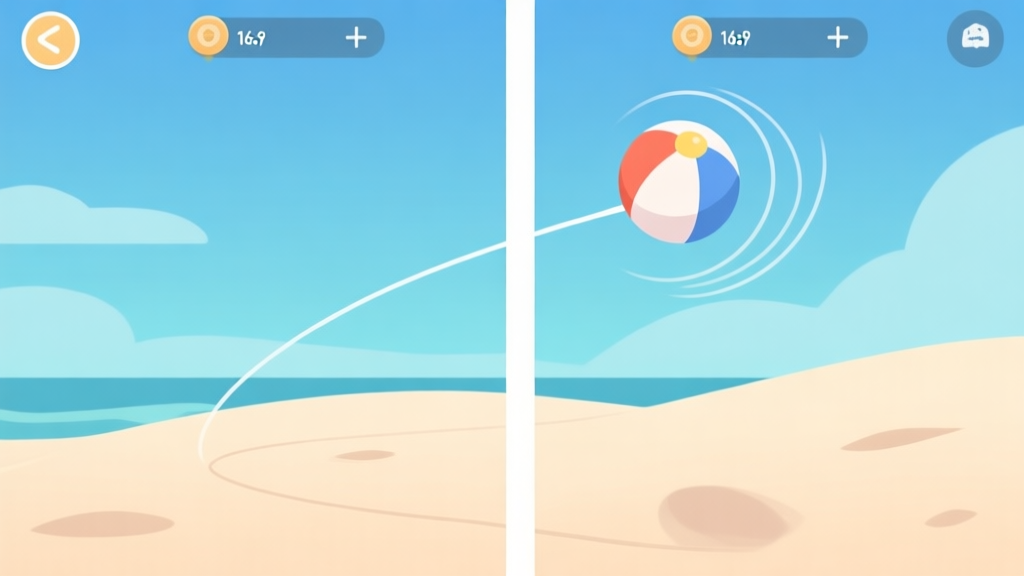 A minimalist game interface split into zones, showing a beach ball's trajectory with subtle spin lines, soft sand and sky color palette, flat design high quality illustration, detailed, 16:9