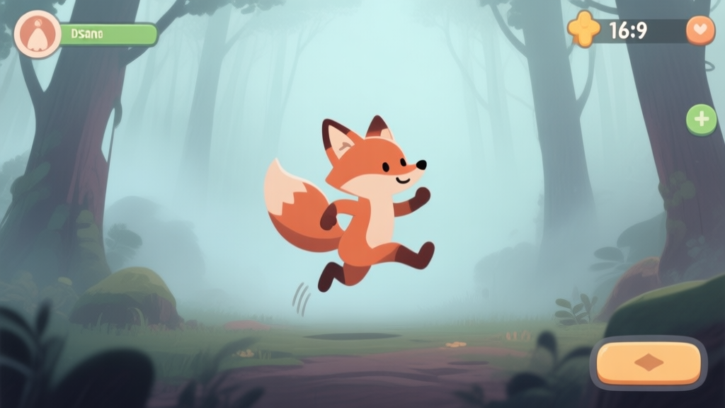 A cute, stylized fox character mid-jump in a mysterious, fog-filled forest environment, soft pastel color palette, low contrast to emphasize the fog, game UI elements like a distance counter and simple buttons visible high quality illustration, detailed, 16:9