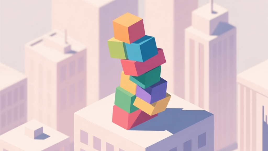 A minimalist isometric illustration of a precarious, wobbling stack of colorful building blocks representing a city, with soft shadows and a calm, pastel color palette, flat design style high quality illustration, detailed, 16:9