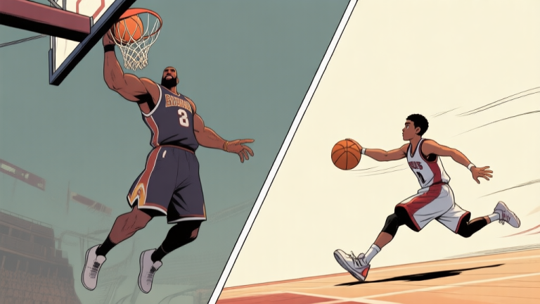 自动生成图片: Split-screen comparison of two contrasting basketball video game characters in action, one a towering center dunking, the other a small guard making a swift pass, illustrated in a dynamic comic book style with muted colors high quality illustration, detailed, 16:9