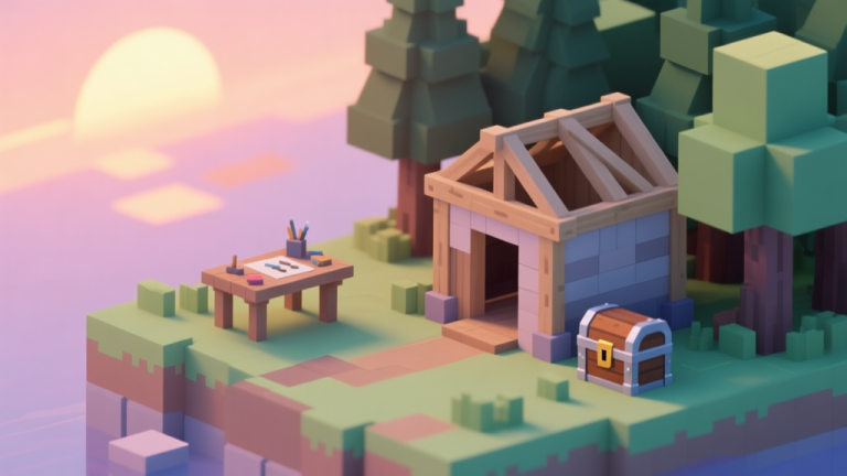 自动生成图片: A serene, isometric view of a blocky landscape at sunset, showing a simple wooden shelter half-built next to a forest, with a crafting table and a chest nearby, soft pastel color palette high quality illustration, detailed, 16:9