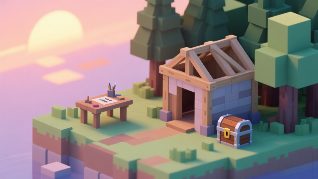 A serene, isometric view of a blocky landscape at sunset, showing a simple wooden shelter half-built next to a forest, with a crafting table and a chest nearby, soft pastel color palette high quality illustration, detailed, 16:9