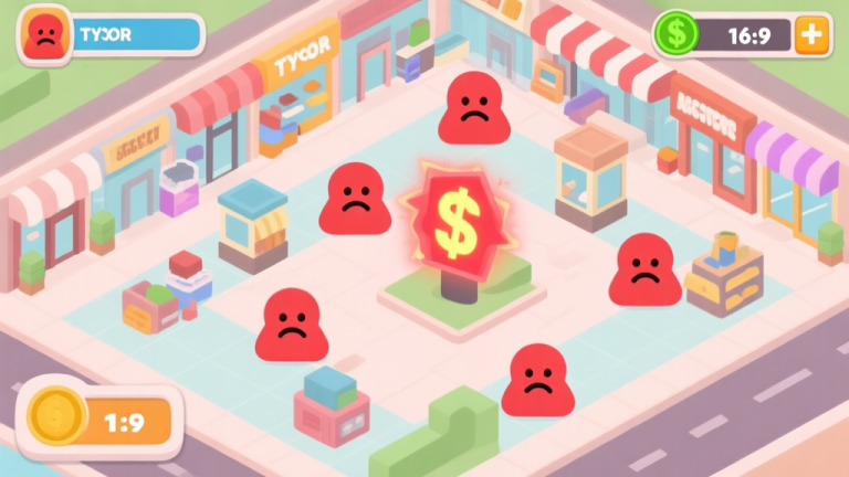 自动生成图片: A top-down view of a poorly planned digital mall tycoon game, showing cluttered shops, unhappy red-faced customer icons, and a flashing negative cash balance display, in a flat design style with soft pastel colors high quality illustration, detailed, 16:9