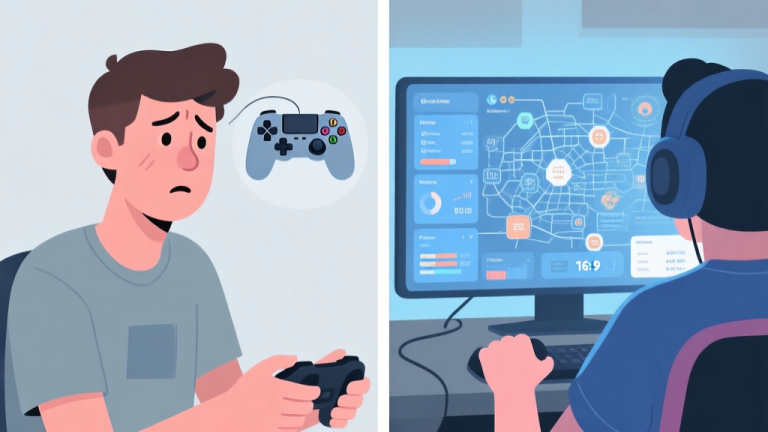 自动生成图片: Split-screen illustration showing a casual gamer looking confused at a simple controller overlay on one side, and an advanced player seeing a complex web of game mechanics, stats, and timing windows on the other, in a soft blue and grey color scheme high quality illustration, detailed, 16:9