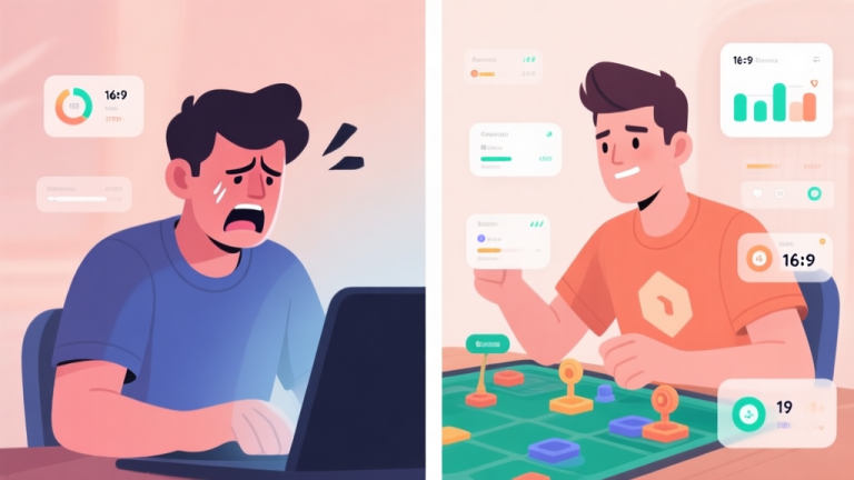 自动生成图片: Split-screen illustration showing a frustrated player on the left and a confident player analyzing game mechanics on the right, with subtle UI elements and stats floating around, soft color palette high quality illustration, detailed, 16:9