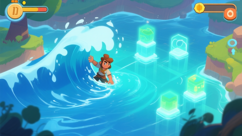 A dynamic, stylized game scene from a water-based adventure game, showing a character manipulating a wave to solve an environmental puzzle, with glowing water effects and interactive elements, soft blues and teals color palette high quality illustration, detailed, 16:9