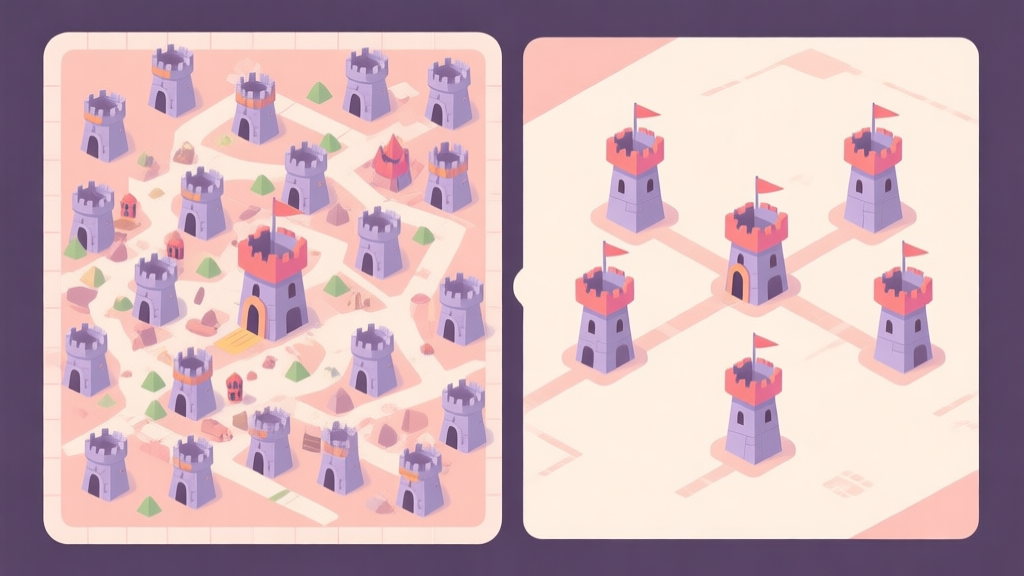 Side-by-side comparison of a cluttered Tower Defense map with many low-level towers versus a clean map with a few powerful, merged towers, in a soft pastel color scheme, flat design high quality illustration, detailed, 16:9