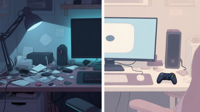 自动生成图片: A split-screen image showing a messy gaming setup with poor lighting and a cluttered desk on one side, versus an organized, ergonomic setup with a responsive controller and monitor at eye level on the other, in a soft, neutral color palette high quality illustration, detailed, 16:9