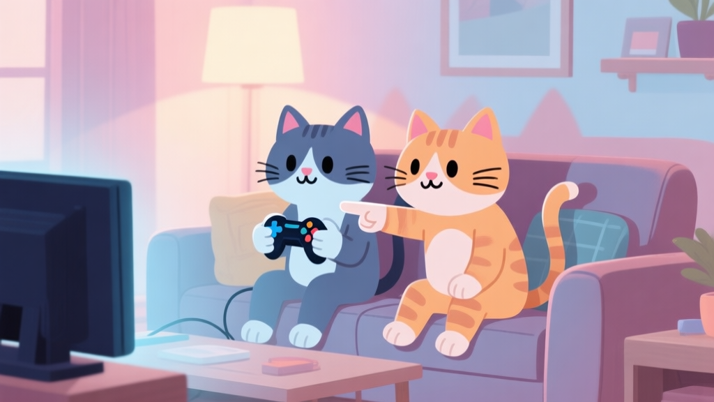 Two stylized cartoon cats playing a video game together on a couch, one holding a controller, the other pointing at the screen, in a cozy living room with soft lighting, pastel color scheme high quality illustration, detailed, 16:9