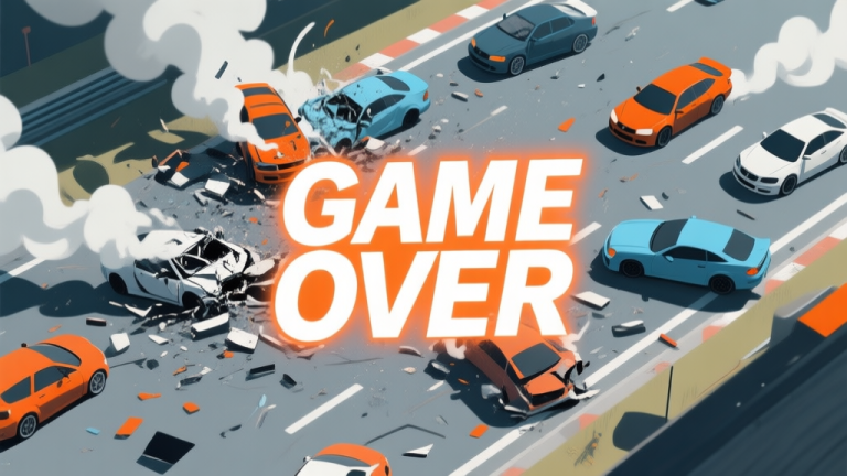 自动生成图片: A top-down view of a chaotic racing game scene with multiple cars crashing, smoke effects, and a bright "GAME OVER" text overlay, using a muted color palette of grays, blues, and orange accents high quality illustration, detailed, 16:9
