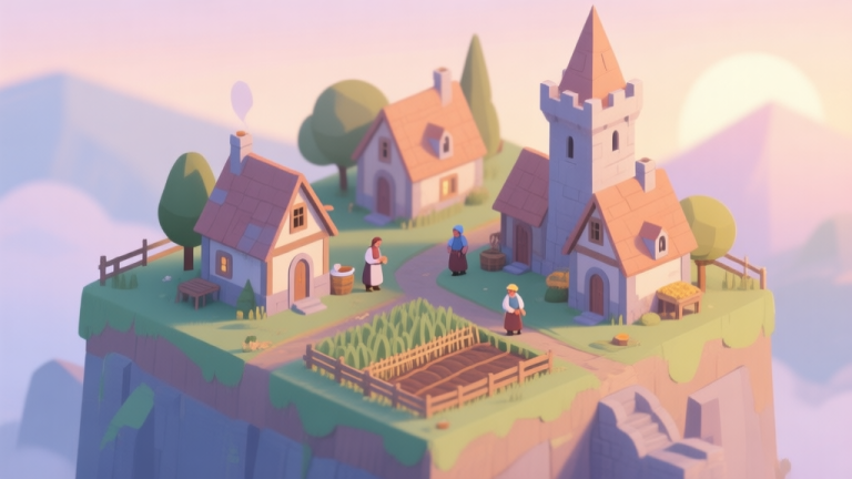 自动生成图片: A serene isometric view of a small medieval village at dawn, with cozy houses, a small farm, and a few villagers starting their day, soft pastel color palette, digital painting style high quality illustration, detailed, 16:9