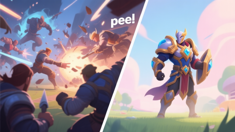 自动生成图片: A split-screen game scene showing a chaotic team fight on one side and a calm, controlled "peel" moment on the other, with soft highlights on the protecting champion, pastel color palette high quality illustration, detailed, 16:9