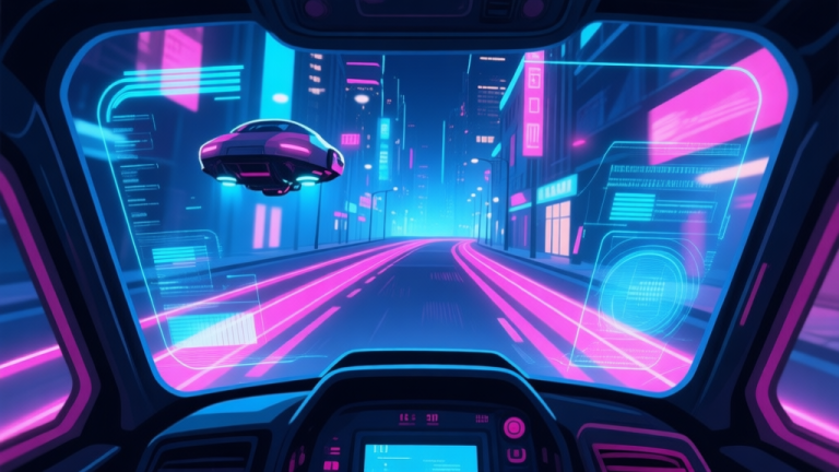 自动生成图片: A neon-lit cyberpunk city street at night, viewed from a first-person perspective inside a hovering vehicle's cockpit, with holographic racing lines and data overlays on the windshield, soft glow of blues and pinks high quality illustration, detailed, 16:9