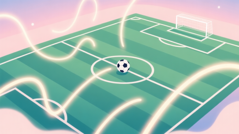 自动生成图片: A surreal soccer field viewed from above, with multiple glowing trails following a soccer ball, soft pastel colors, dreamlike atmosphere, flat design style high quality illustration, detailed, 16:9
