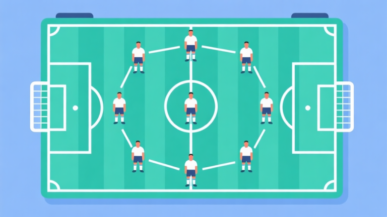 自动生成图片: minimalist flat design of a soccer team formation on a tactical board, showing connected lines between players, soft blue and green color scheme, clean and professional high quality illustration, detailed, 16:9