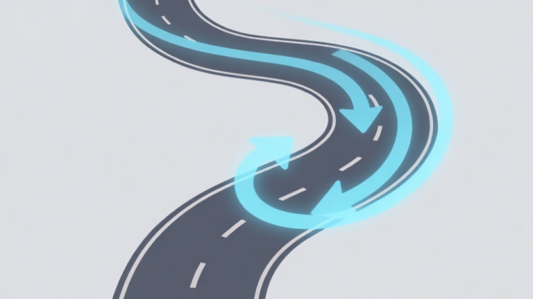 自动生成图片: A minimalist, top-down view of a winding road from the game Drift Boss, with a smooth, continuous drift line in soft blue, overlayed with subtle circular arrows indicating momentum flow, on a pale grey background high quality illustration, detailed, 16:9