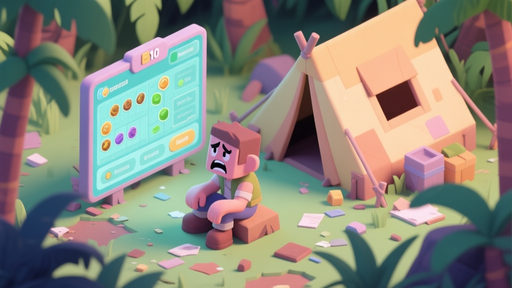 A frustrated game character sitting in a messy, half-built jungle camp, looking at a complex resource management screen, soft pastel colors, isometric view high quality illustration, detailed, 16:9