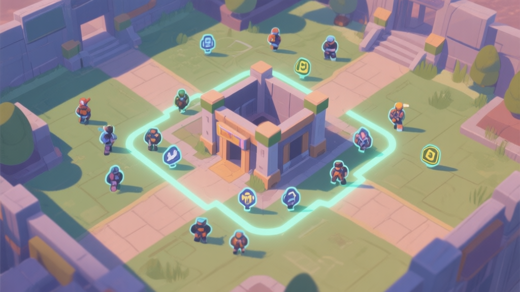 Top-down tactical map view of a multiplayer game level, highlighting a strategic chokepoint building as a rally point with glowing outline, showing player icons converging on it, soft color palette high quality illustration, detailed, 16:9