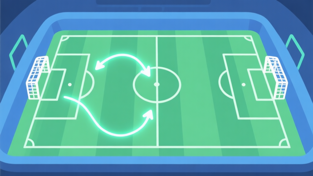 A minimalist game interface showing a soccer field from a top-down view, with glowing arrows illustrating a predictable path from defense to attack, soft green and blue color scheme, flat design high quality illustration, detailed, 16:9