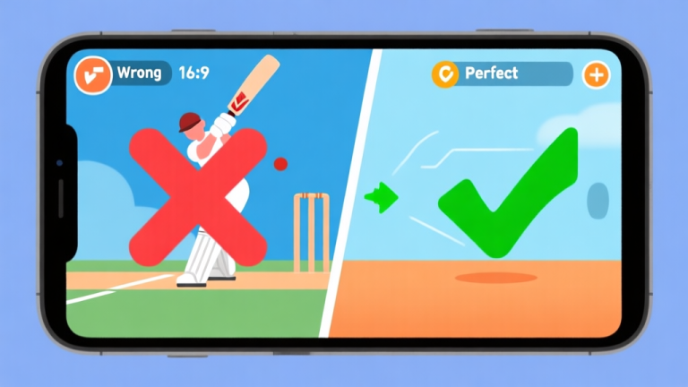 自动生成图片: A split-screen illustration showing the wrong vs correct timing in a cricket mobile game. Left side shows a red "X" and a mistimed swing, right side shows a green "check" and a perfect connection, using a soft blue and orange color scheme with minimalist game UI elements high quality illustration, detailed, 16:9