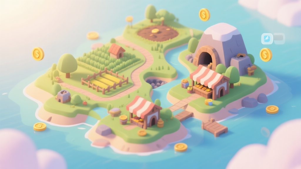 A serene, isometric view of a vibrant game island with multiple distinct areas like a farm, a marketplace, and a mine, connected by winding paths. Soft pastel color palette, peaceful morning light, with subtle UI elements showing coin icons gently floating from different activities high quality illustration, detailed, 16:9
