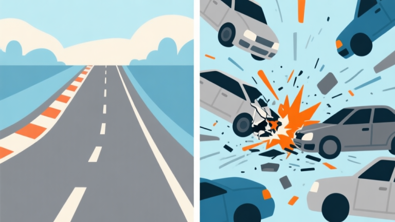 自动生成图片: Dynamic split-screen illustration showing a controlled racing line on one side versus a chaotic crash with multiple cars on the other, using a soft color scheme of blues and greys with highlights of orange for impacts, flat design style high quality illustration, detailed, 16:9