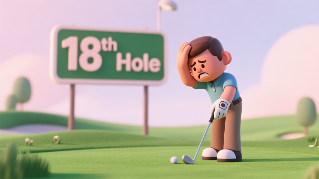 A frustrated golfer avatar on a virtual green, holding their head, with a large '18th Hole' sign in the background, in a soft pastel color palette with subtle shadows high quality illustration, detailed, 16:9