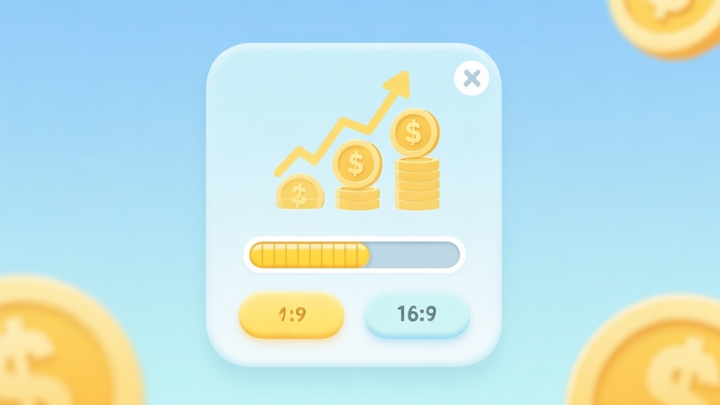 A minimalist, clean infographic showing a simple game UI with buttons, a slowly filling progress bar, and upward trending coins or numbers, all in a soft pastel color palette with light blues and yellows high quality illustration, detailed, 16:9