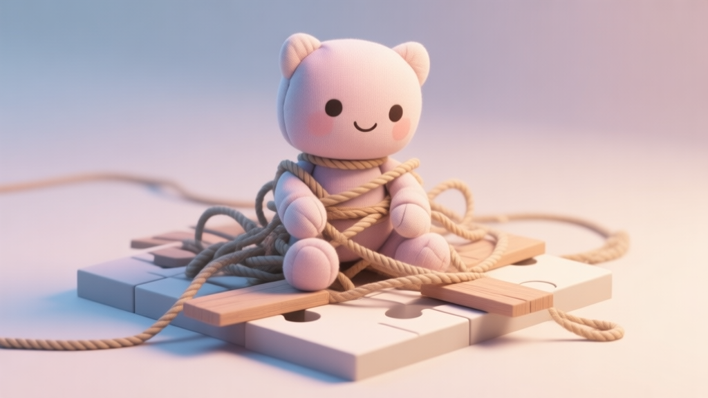 A cute, simple ragdoll character made of soft fabric in a pastel color palette, comically tangled in a mess of ropes and planks on a minimalist puzzle platform, soft shadows, gentle lighting high quality illustration, detailed, 16:9