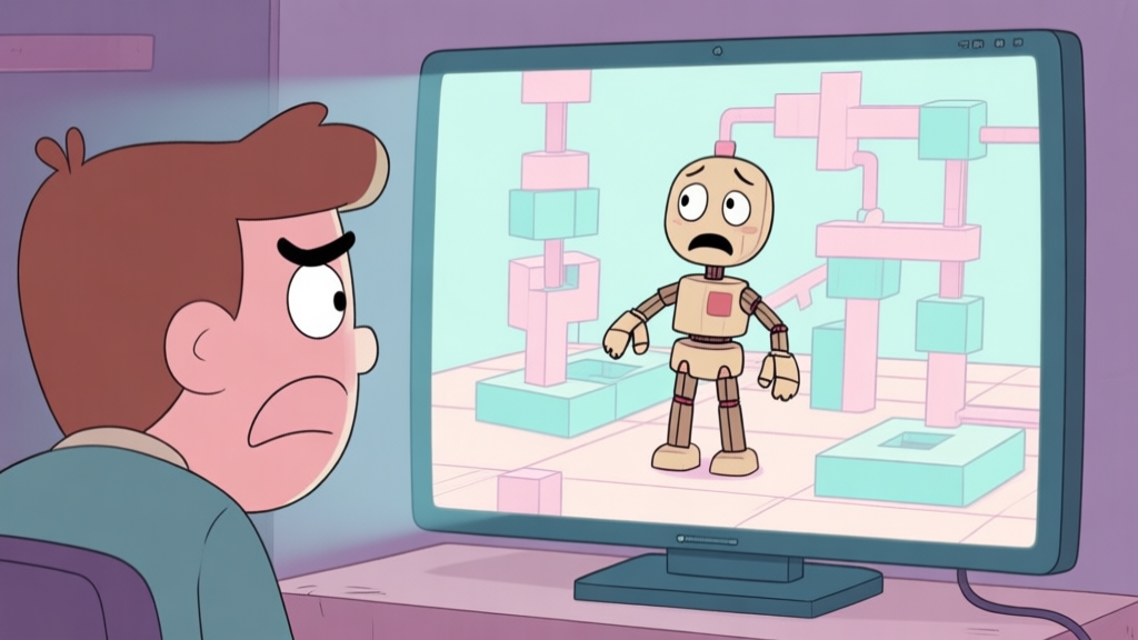 A frustrated player looking at a screen showing a ragdoll character in a complex, Rube Goldberg-like puzzle setup, soft pastel colors, cartoonish style, clean lines high quality illustration, detailed, 16:9