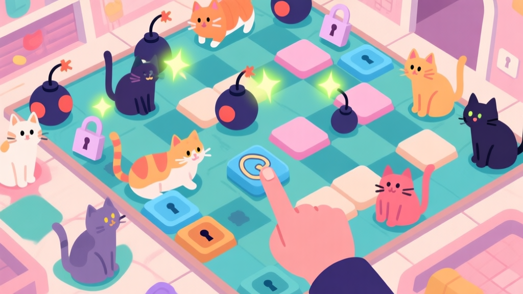 A top-down view of a chaotic Cat Room Blast game board, filled with colorful cats, blinking bombs, and locked tiles, with a calm, focused hand pointing at a key combo, soft pastel color scheme, flat design high quality illustration, detailed, 16:9