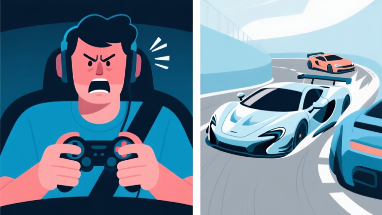 自动生成图片: Split-screen illustration showing a frustrated gamer with controller on left, and a sleek racing car artfully escaping a tight corner between two other cars on right, using a soft color palette of blues and greys high quality illustration, detailed, 16:9