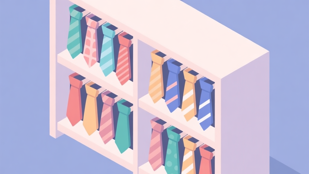 A clean, minimalist isometric view of a digital library shelf with neatly organized virtual ties, categorized by color and pattern, soft pastel color palette, flat design style high quality illustration, detailed, 16:9