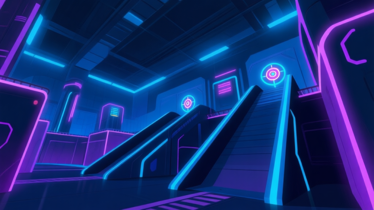 自动生成图片: A dynamic, low-angle view inside a laser tag arena, showing sleek futuristic ramps and barriers in dim blue and purple lighting, with glowing sensor targets visible on structures, soft neon accents high quality illustration, detailed, 16:9