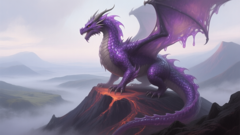 自动生成图片: A majestic but ominous dragon with shimmering, gelatinous purple scales perched on a volcanic peak, overlooking a foggy valley, painted in a soft, atmospheric fantasy art style high quality illustration, detailed, 16:9