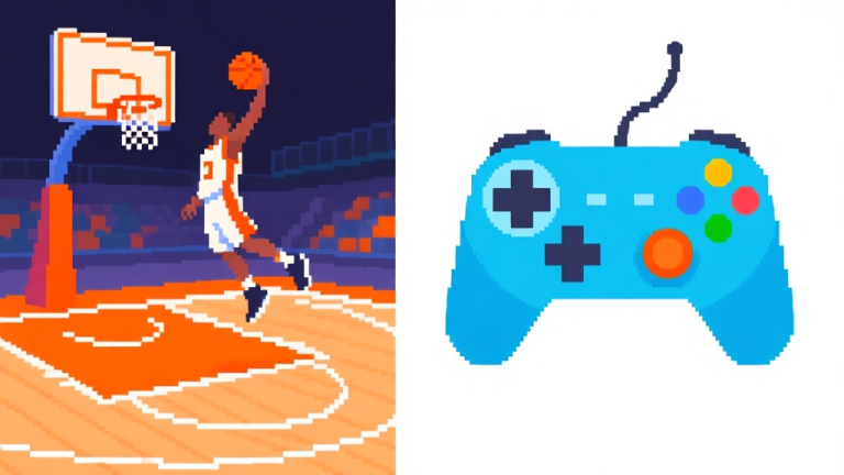 自动生成图片: A split-screen image showing a vibrant, pixel-art basketball court on one side with a player mid-dunk, and on the other side, a clean, flat-design diagram of a game controller with highlighted buttons, soft blue and orange color scheme high quality illustration, detailed, 16:9