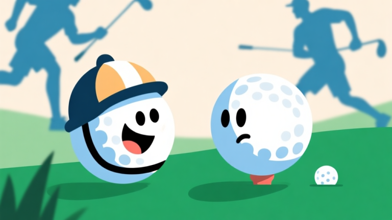 自动生成图片: A dynamic, playful illustration of a battle golf scene. Two stylized golf balls on a green, one with a mischievous expression and a tiny helmet, the other looking focused. In the background, soft silhouettes of players in athletic poses. Soft green, blue, and beige color palette, flat design style. high quality illustration, detailed, 16:9