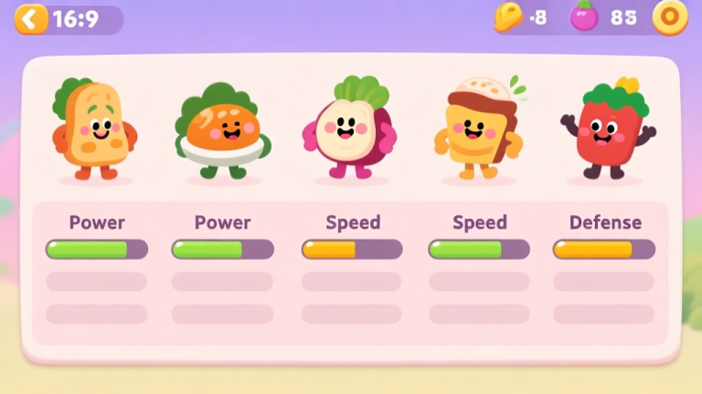自动生成图片: A playful and colorful side-by-side comparison chart of five funny food characters from a mobile game, each with simple stat bars for Power, Speed, and Defense, using a soft pastel color palette high quality illustration, detailed, 16:9