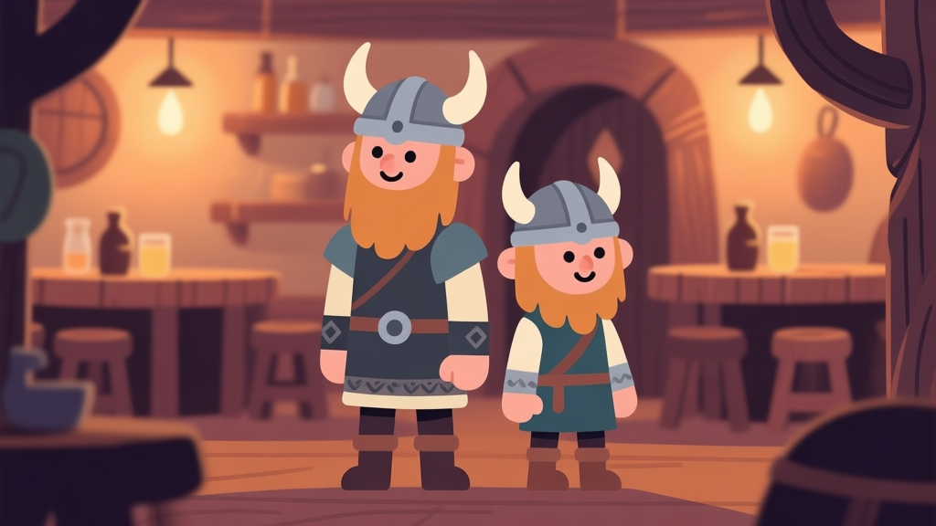 Two stylized Viking characters with simple, charming designs, one tall and one short, standing back-to-back in a cozy, softly lit tavern environment, warm and inviting color palette, flat illustration style high quality illustration, detailed, 16:9