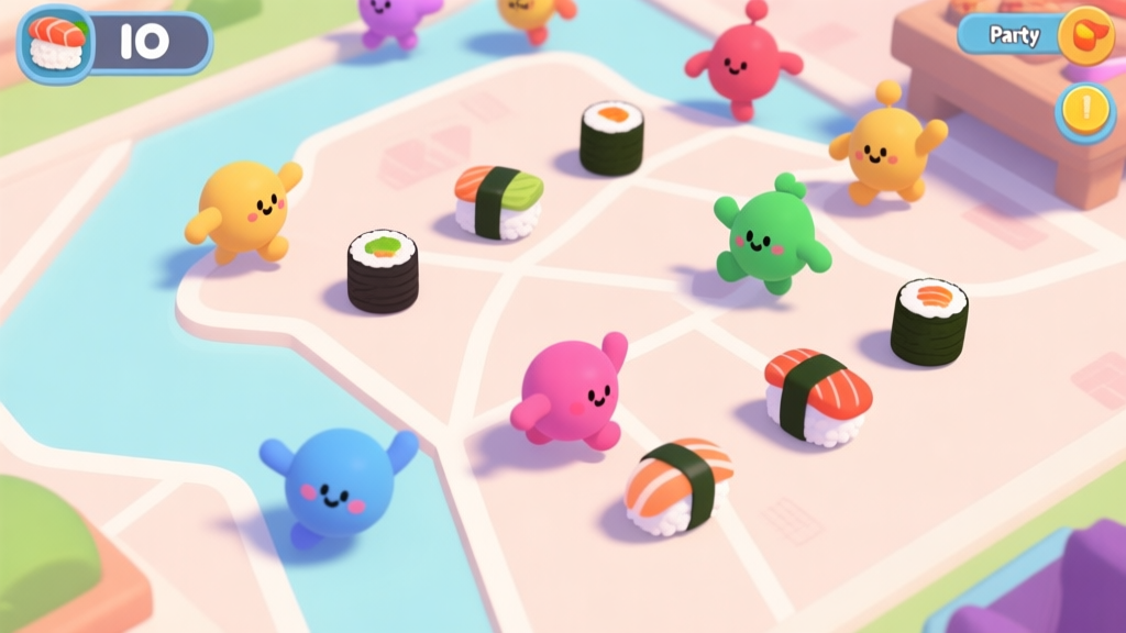 Cute, top-down view of a Sushi Party IO game scene with multiple colorful blob characters chasing sushi rolls on a simple map, soft pastel colors, clean lines, playful atmosphere high quality illustration, detailed, 16:9